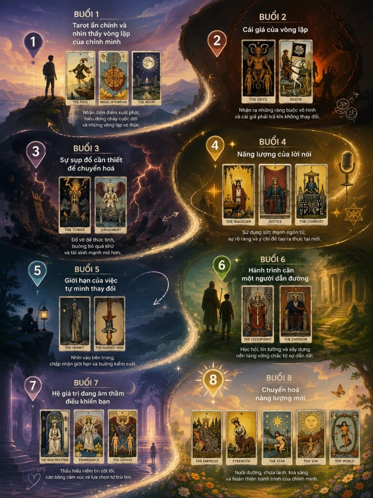 Lộ trình hành trình 8 buổi Tarot